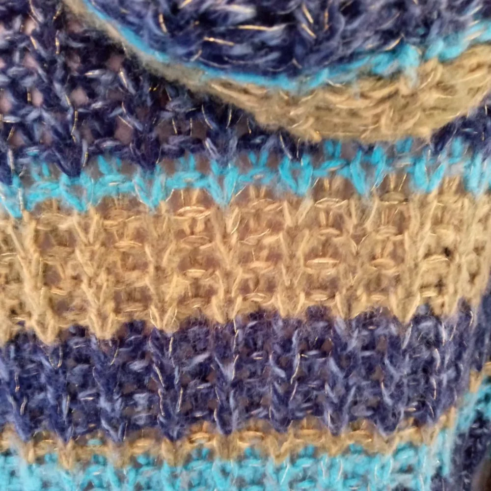 Gorgeous Cowl Neck Open Knit Chunky Sweater Turquoise Blue & Green W Gold Flecks - Picture 9 of 12